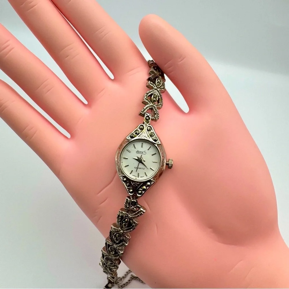 Vintage HenriS Art Deco Marcasite Style Silver Tone Quartz Bracelet Watch